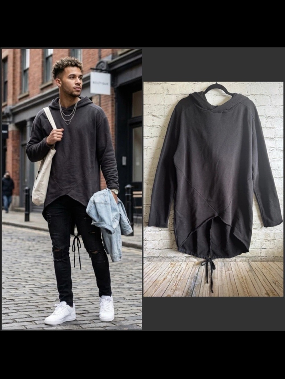 Selected Homme Mens Black Long Shufish Tail Sweat Hoodie Sweatshirt